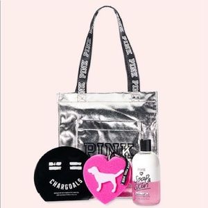 PINK silver mini tote bag with body wash set